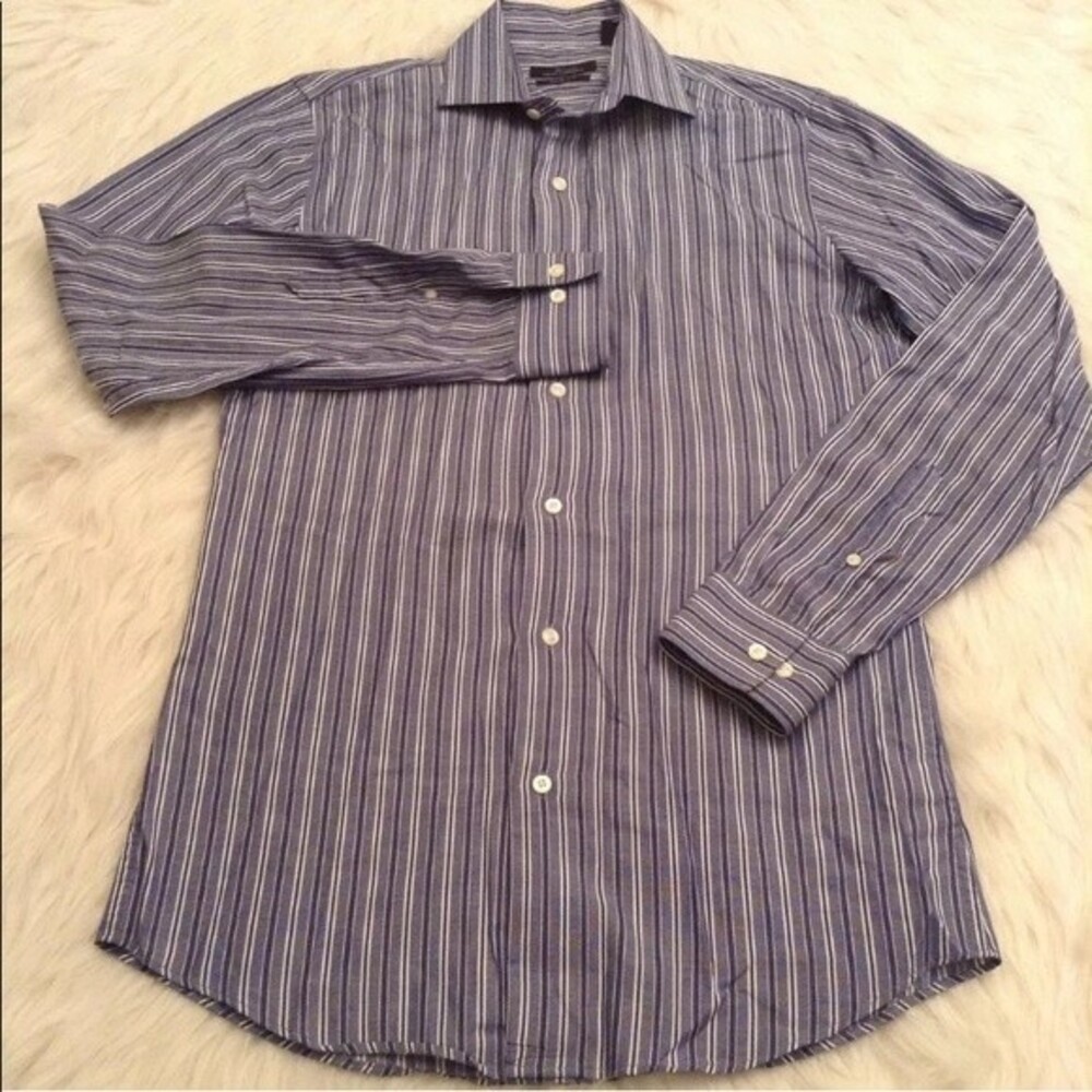 Mens Button Up Size 14‎ 1/2 Blue Stripe Slim Fit Long Sleeve Marc Anthony (BL)